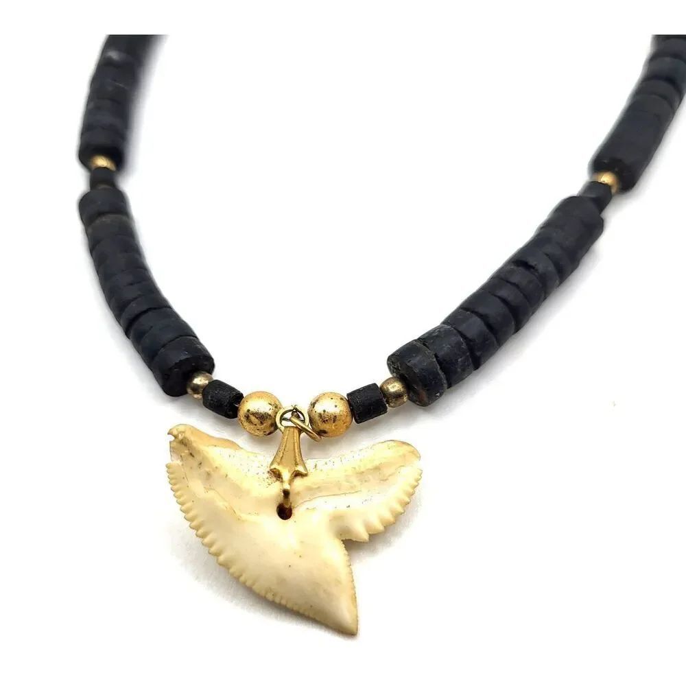 Handmade Shark Tooth Pendant Necklace Black Wooden Coconut Beads Gold Accent 18"